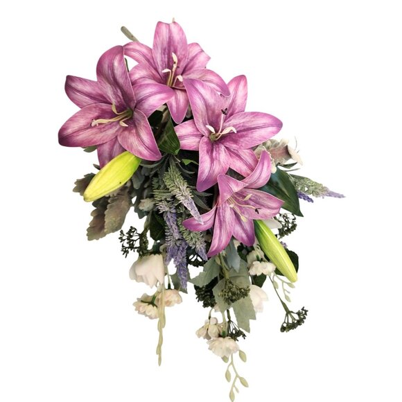 Artificial Floral Bouquet Lilies Lavender & Foliage 8 Stems Realistic Faux Arran - Picture 1 of 16